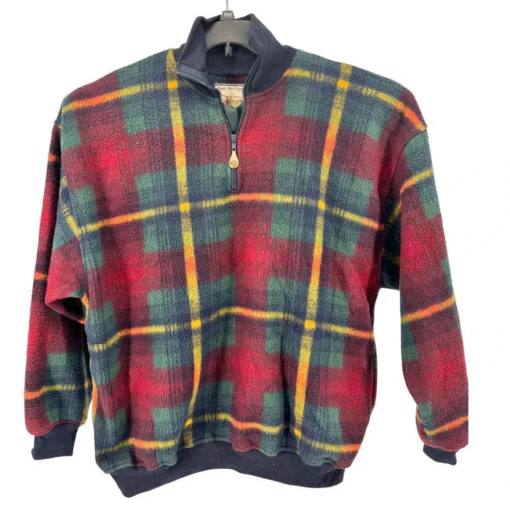 Vintage‎ Bugle Boy 1/4 Zip XL Plaid Fleece Quarter Zip Pullover Men's XL